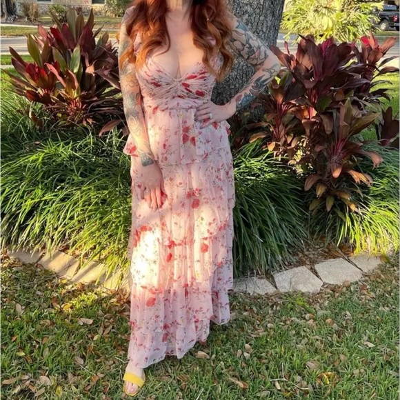 $458 MAC DUGGAL Ruffle Strap Pink Floral Chiffon Gown/Dress (size 4) - Picture 5 of 9